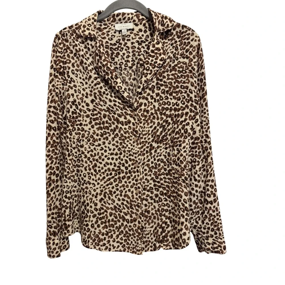 Lucky Brand Leopard Print Blouse Womens Medium Brown Button Up Top Mobwife Boho